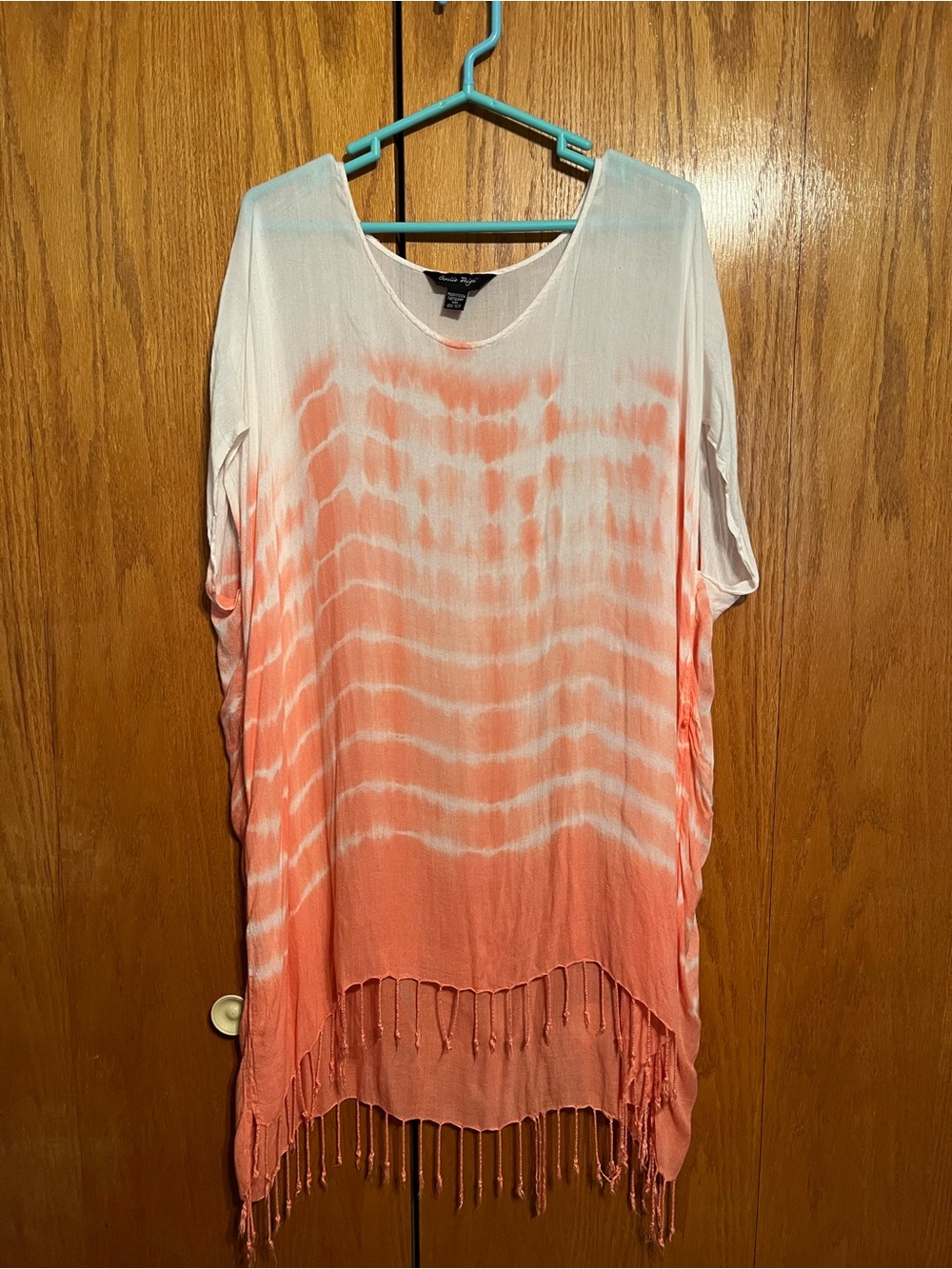 Charlie Paige White and Coral Tie-Dye Swim Coverup with Fringe